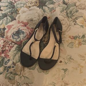 Vince Camuto Black Braided T-Strap Sandals with Gold Accents